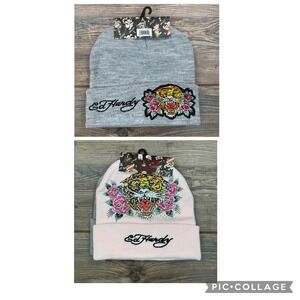 Ed Hardy 2-Pack Knit Beanie Hat Tiger Roses Pink Gray‎ Rhinestone Womens Stretch